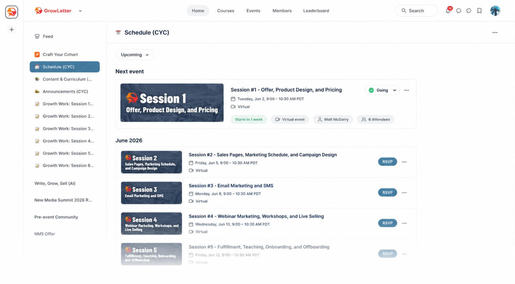 Screenshot from the Write Grow Sell course dashboard